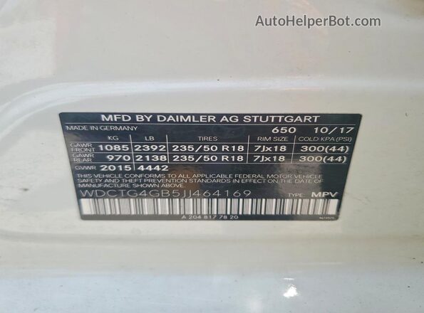 WDCTG4GB5JJ464169 2018 MERCEDES-BENZ GLA Белый 