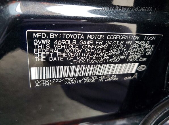 JTHDA1D2XN5118047 2022 LEXUS IS Black VIN კოდის სტიკერის ხედი