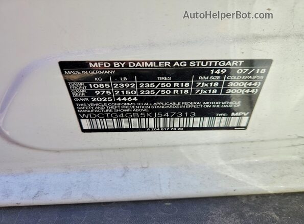 WDCTG4GB5KJ547313 2019 MERCEDES-BENZ GLA Белый Вид наклейки с VIN-кодом