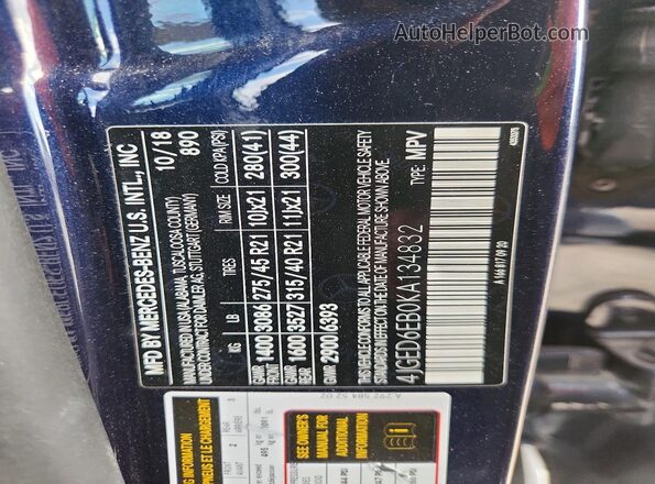 4JGED6EB0KA134832 2019 MERCEDES-BENZ GLE Blue Вид наклейки з VIN-кодом