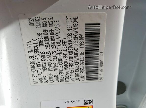 7FARS3H76PE001013 2023 HONDA CR-V White VIN კოდის სტიკერის ხედი