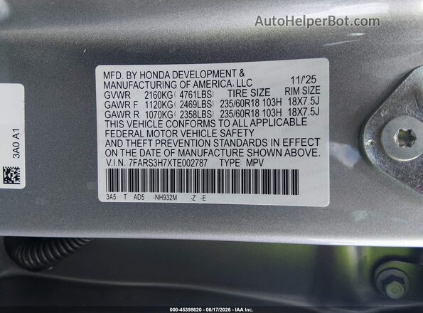 7FARS3H7XTE002787 2026 HONDA CR-V Silver Vista del compartimento del motor