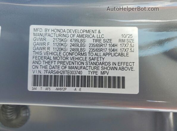 7FARS4H28TE003740 2026 HONDA CR-V Серый Вид наклейки с VIN-кодом