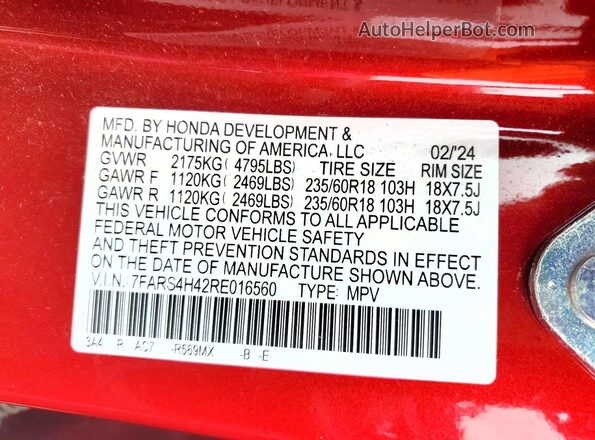 7FARS4H42RE016560 2024 HONDA CR-V Red VIN sticker view
