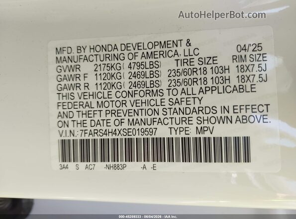 7FARS4H4XSE019597 2025 HONDA CR-V White Вид наклейки з VIN-кодом