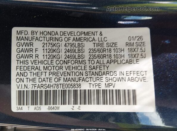 7FARS4H78TE005838 2026 HONDA CR-V Blue Շարժիչի բաժամունքի տեսք
