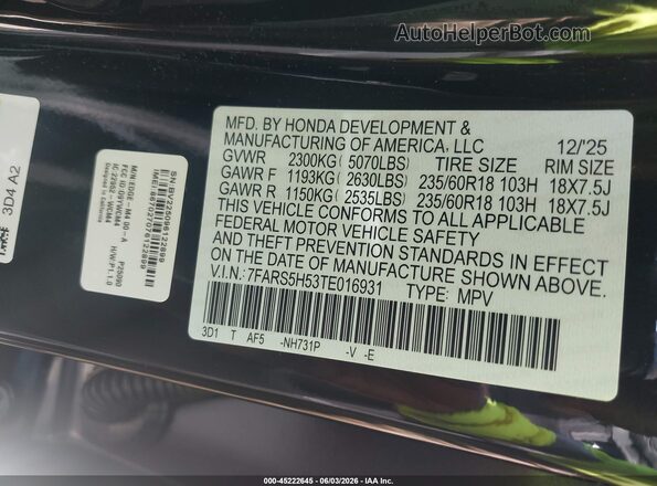7FARS5H53TE016931 2026 HONDA CR-V Black Շարժիչի բաժամունքի տեսք