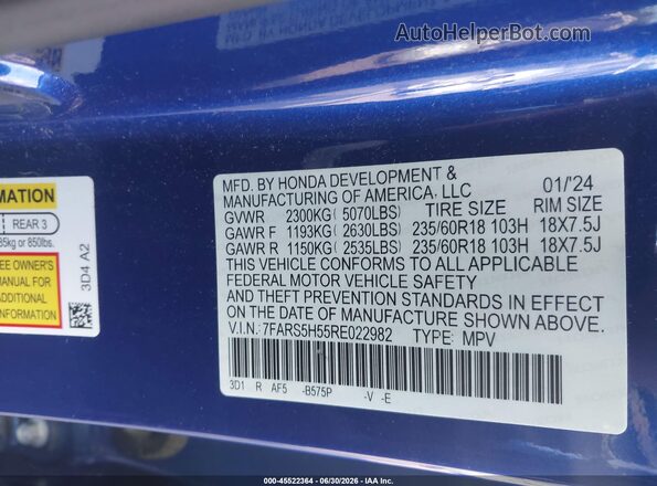 7FARS5H55RE022982 2024 HONDA CR-V Blue Vista del compartimento del motor