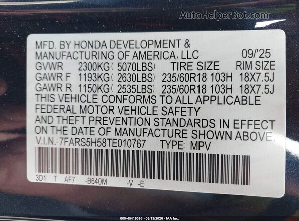 7FARS5H58TE010767 2026 HONDA CR-V Blue Вид підкапотного простору