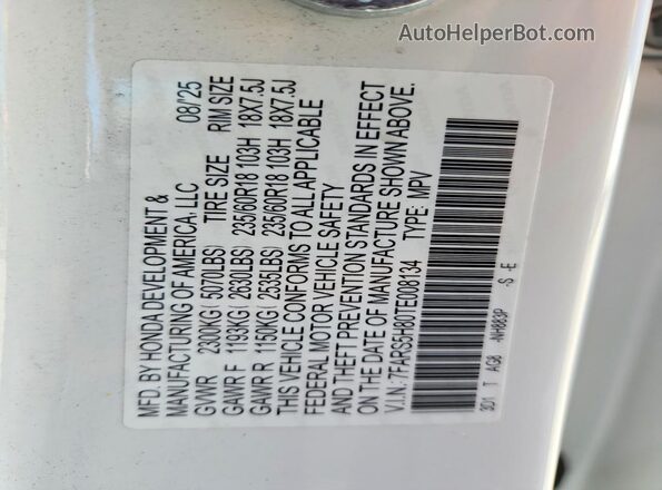 7FARS5H80TE008134 2026 HONDA CR-V White Вид наклейки з VIN-кодом