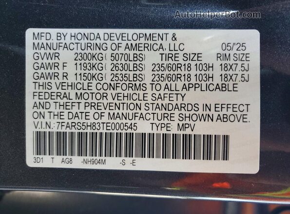 7FARS5H83TE000545 2026 HONDA CR-V Gray VIN sticker view