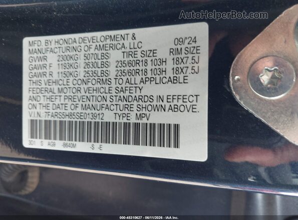 7FARS5H85SE013912 2025 HONDA CR-V Dark Blue Vista del compartimento del motor