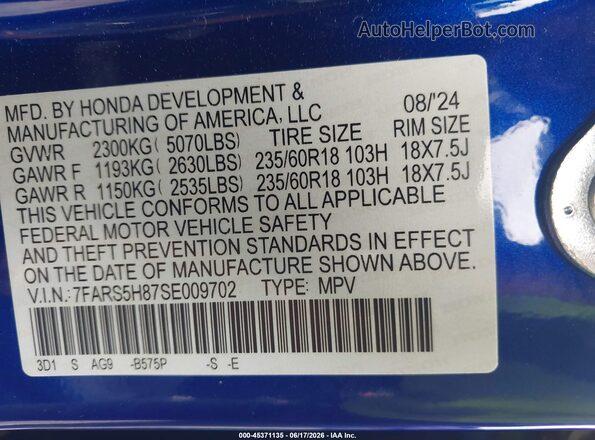 7FARS5H87SE009702 2025 HONDA CR-V Blue Engine compartment view