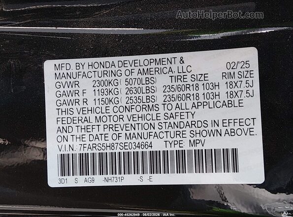 7FARS5H87SE034664 2025 HONDA CR-V Black Շարժիչի բաժամունքի տեսք