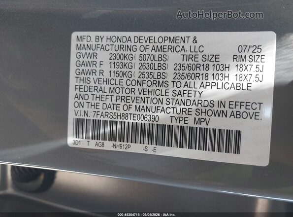 7FARS5H88TE006390 2026 HONDA CR-V Gray Вид підкапотного простору