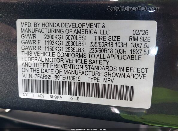 7FARS5H89TE018919 2026 HONDA CR-V Gray ძრავის განყოფილების ხედი