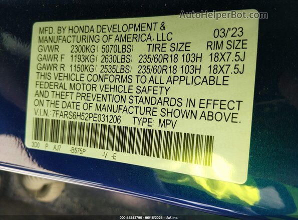 7FARS6H52PE031206 2023 HONDA CR-V Blue Շարժիչի բաժամունքի տեսք