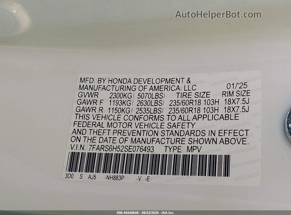7FARS6H52SE076493 2025 HONDA CR-V White Շարժիչի բաժամունքի տեսք