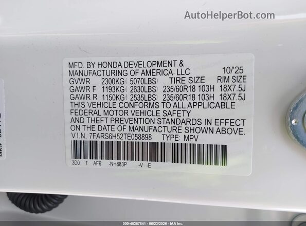 7FARS6H52TE058898 2026 HONDA CR-V White ძრავის განყოფილების ხედი