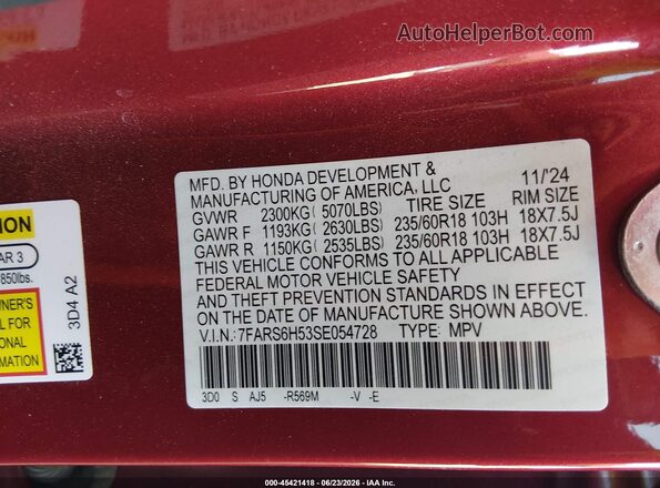 7FARS6H53SE054728 2025 HONDA CR-V Red Вид підкапотного простору