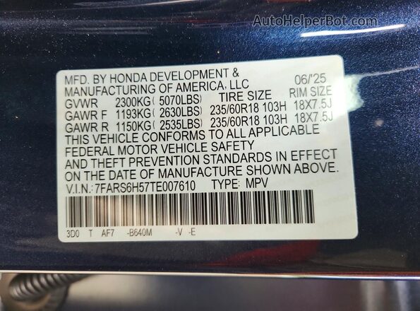 7FARS6H57TE007610 2026 HONDA CR-V Синий 