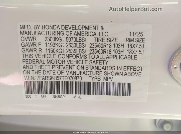 7FARS6H57TE070870 2026 HONDA CR-V White Вид підкапотного простору