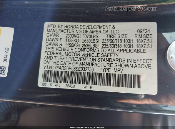 7FARS6H58SE032756 2025 HONDA CR-V Blue Vista del compartimento del motor