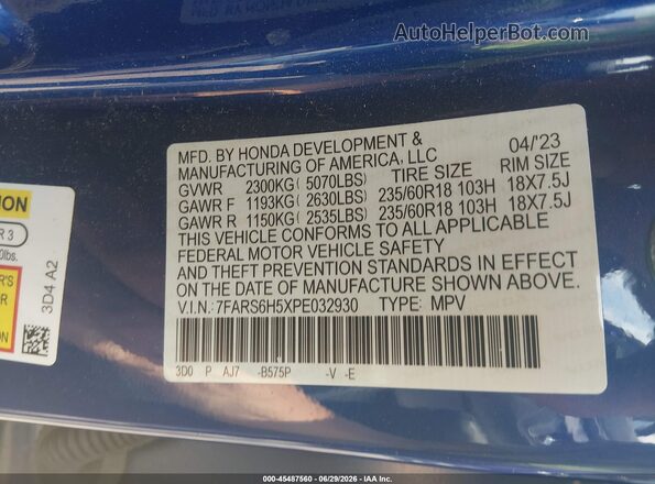7FARS6H5XPE032930 2023 HONDA CR-V Blue ძრავის განყოფილების ხედი