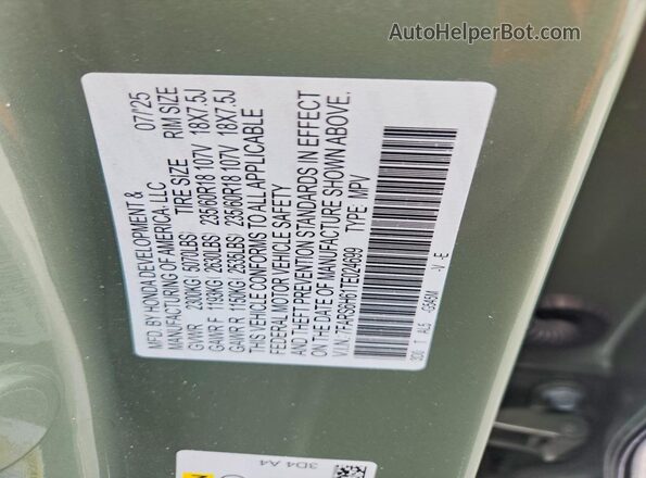 7FARS6H61TE024699 2026 HONDA CR-V Green Vista de la etiqueta del VIN