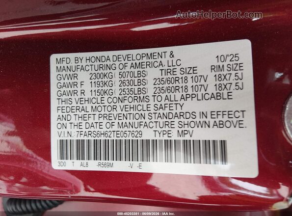 7FARS6H62TE057629 2026 HONDA CR-V Red Շարժիչի բաժամունքի տեսք