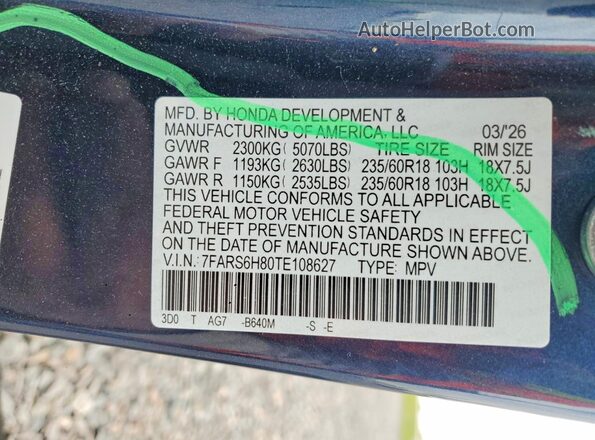 7FARS6H80TE108627 2026 HONDA CR-V Blue VIN կոդի պիտակի տեսք
