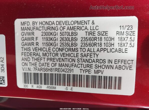 7FARS6H81RE042291 2024 HONDA CR-V Red ძრავის განყოფილების ხედი