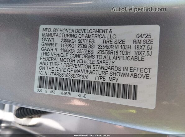7FARS6H82SE091876 2025 HONDA CR-V Silver Vista del compartimento del motor