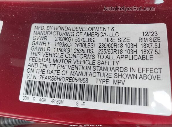 7FARS6H83RE054958 2024 HONDA CR-V Красный Вид подкапотного пространства