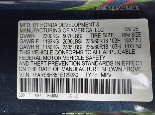 7FARS6H85TE129280 2026 HONDA CR-V Blue ძრავის განყოფილების ხედი