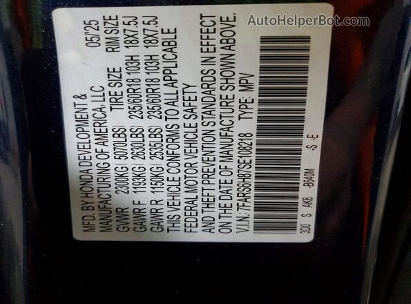 7FARS6H87SE108218 2025 HONDA CR-V Blue Vista de la etiqueta del VIN