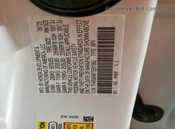 7FARS6H87TE011862 2026 HONDA CR-V Белый Вид наклейки с VIN-кодом