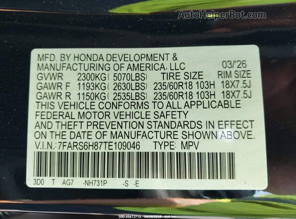 7FARS6H87TE109046 2026 HONDA CR-V Black Engine compartment view