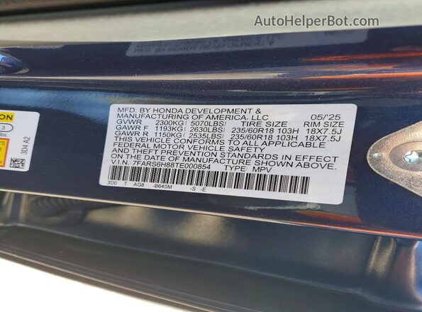 7FARS6H88TE000854 2026 HONDA CR-V Синий Панорамный вид салона 360°