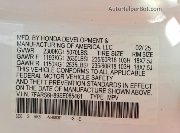 7FARS6H89SE085461 2025 HONDA CR-V White Vista de la etiqueta del VIN