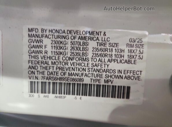 7FARS6H89SE086089 2025 HONDA CR-V White VIN կոդի պիտակի տեսք
