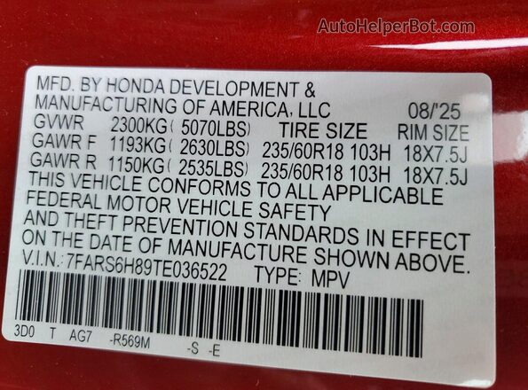 7FARS6H89TE036522 2026 HONDA CR-V Red VIN կոդի պիտակի տեսք
