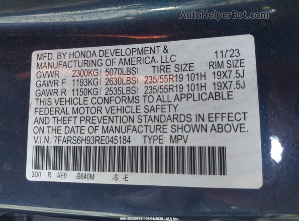 7FARS6H93RE045184 2024 HONDA CR-V Синий Вид подкапотного пространства