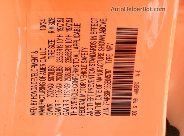 7FARS6H93SE045787 2025 HONDA CR-V White Vista de la etiqueta del VIN