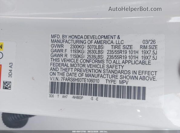 7FARS6H93TE106010 2026 HONDA CR-V White Շարժիչի բաժամունքի տեսք