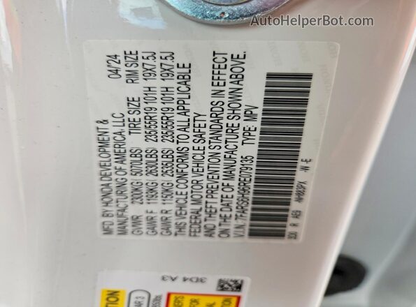 7FARS6H96RE079135 2024 HONDA CR-V White VIN კოდის სტიკერის ხედი