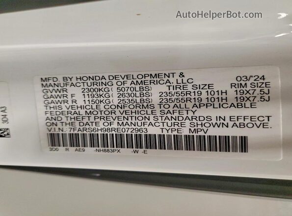 7FARS6H98RE072963 2024 HONDA CR-V Белый Панорамный вид салона 360°