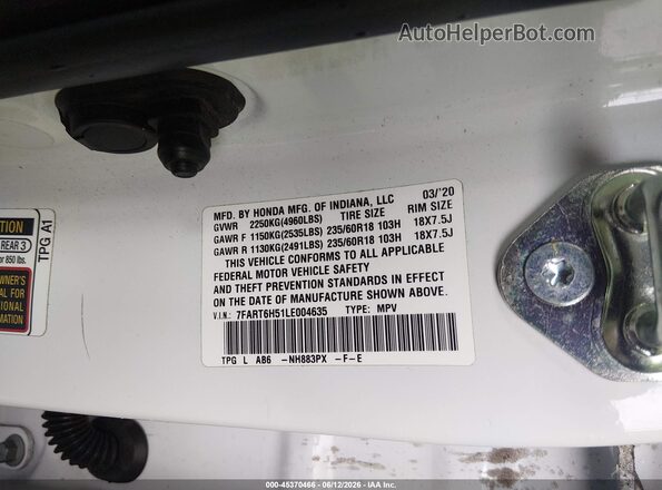 7FART6H51LE004635 2020 HONDA CR-V White ძრავის განყოფილების ხედი