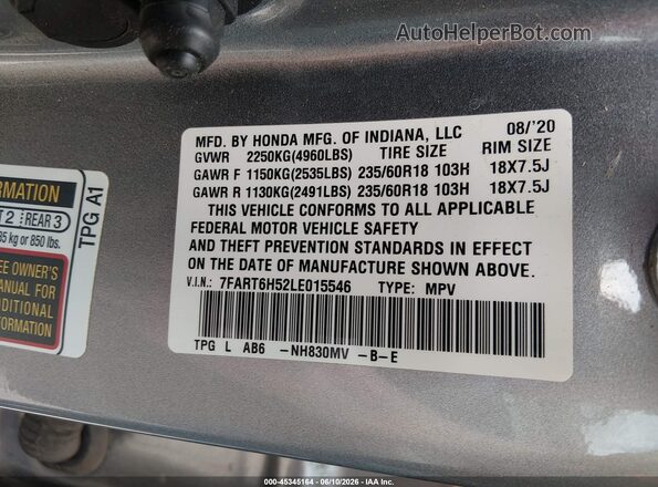 7FART6H52LE015546 2020 HONDA CR-V Gray Вид підкапотного простору