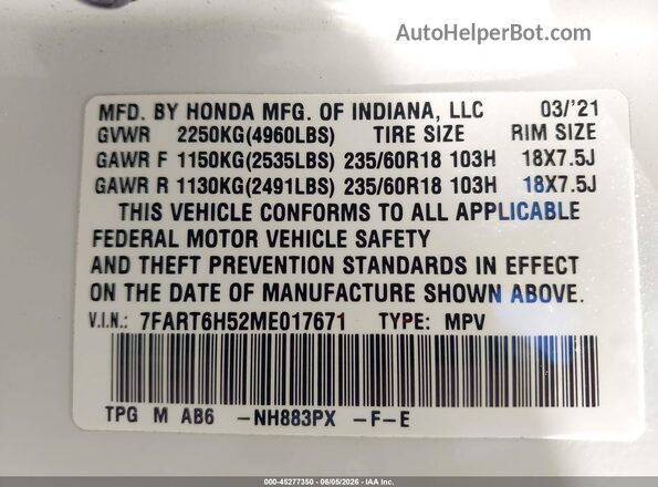 7FART6H52ME017671 2021 HONDA CR-V White ძრავის განყოფილების ხედი